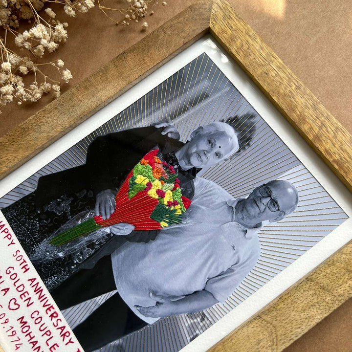 Bouquet And Golden Rays Design Hand Embroidered Photo With Wooden Frame