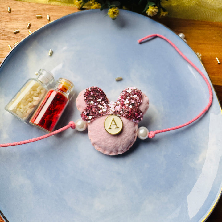 Reusable Handmade Personalised Minnie Mouse Charm Felt & Thread Rakhi With Roli Chawal For Girls