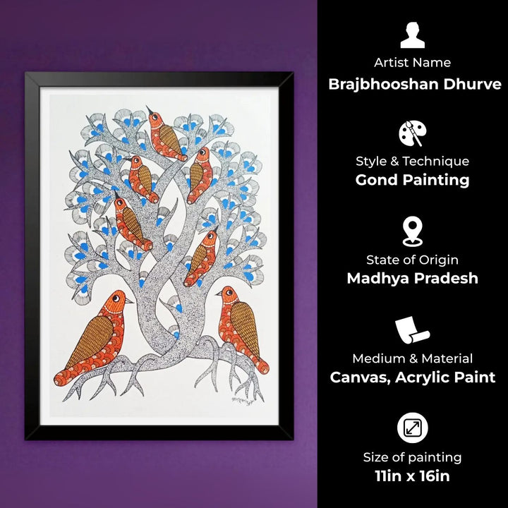 11 x 16 Inch | Birds On Tree | Original Hand Painted Tribal Gond Art Painting | Acrylic Paint On Paper