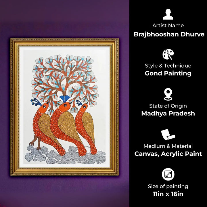 11 x 16 Inch | Birds Trio | Original Hand Painted Tribal Gond Art Painting | Acrylic Paint On Paper