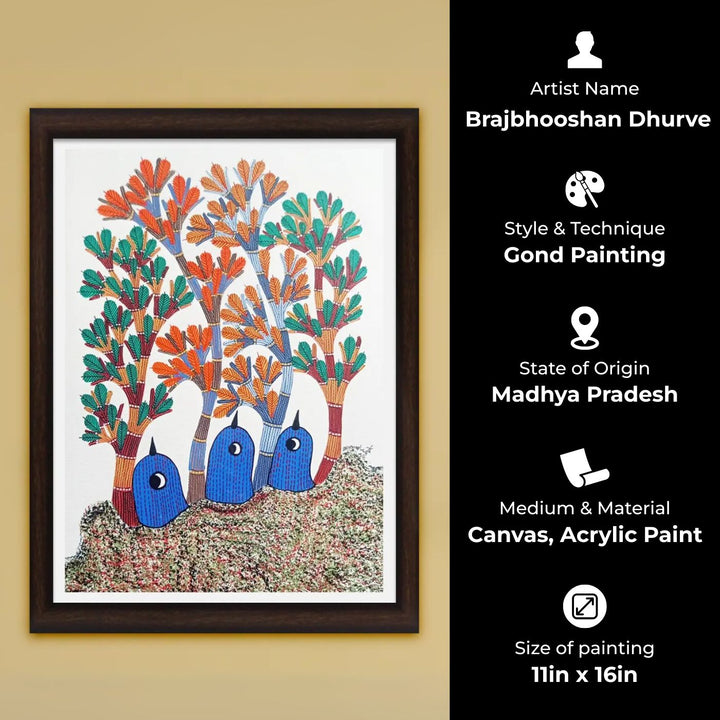 11 x 16 Inch | Blue Birds Under Trees | Original Hand Painted Tribal Gond Art Painting | Acrylic Paint On Paper