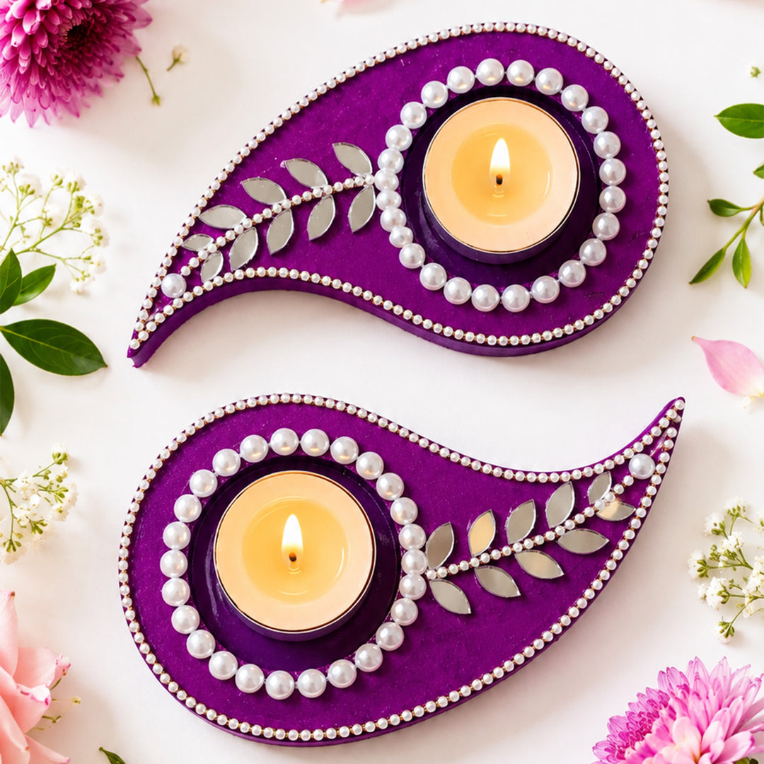 Set of 2 | Handcrafted Paisley Design MDF Tealight Holders For Festive Decor