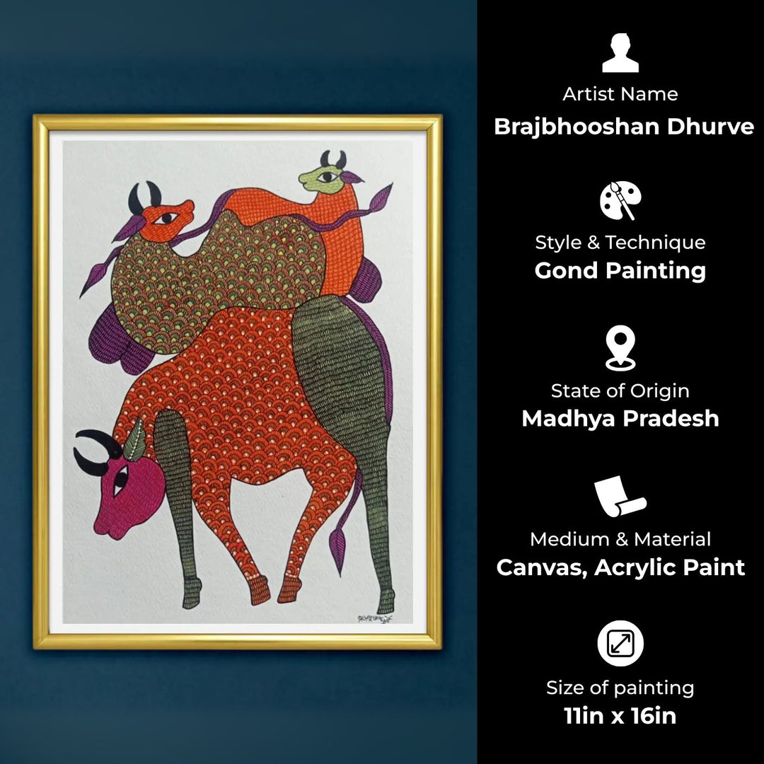 11 x 16 Inch | Cow & Calves | Original Hand Painted Tribal Gond Art Painting | Acrylic Paint On Paper
