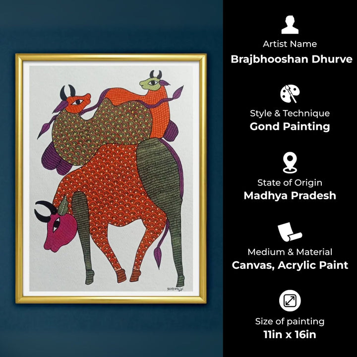 11 x 16 Inch | Cow & Calves | Original Hand Painted Tribal Gond Art Painting | Acrylic Paint On Paper