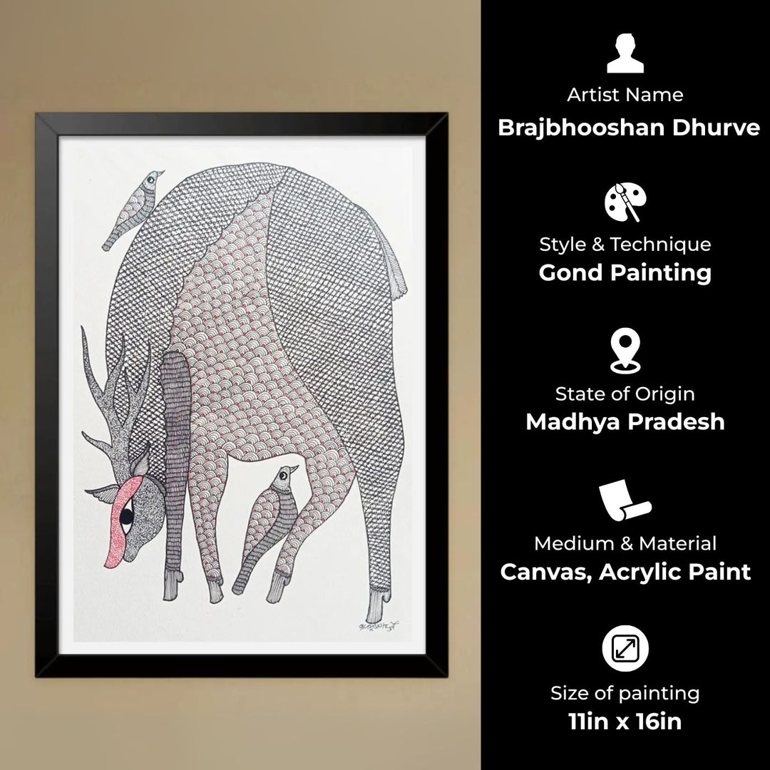 11 x 16 Inch | Deer & Bird Bond | Original Hand Painted Tribal Gond Art Painting | Acrylic Paint On Paper