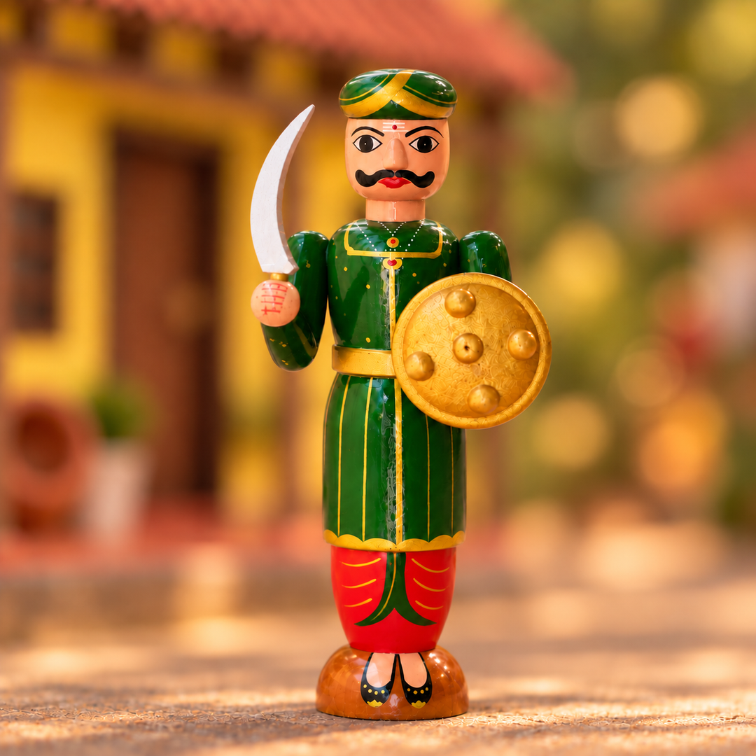 Handmade Man With Sword Wooden Golu Doll Toy For Festive Decor