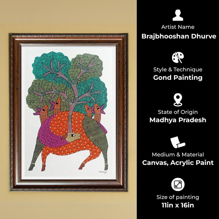 11 x 16 Inch | Deer & Tree of Life | Original Hand Painted Tribal Gond Art Painting | Acrylic Paint On Paper