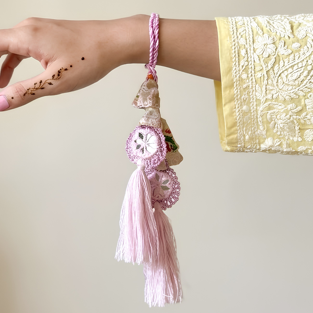 Handmade Reusable Lavender Mirror And Jhumki Lumba Rakhi For Bhabhi