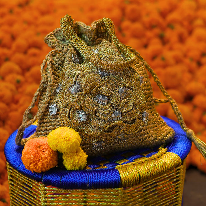 Handmade Crochet Golden Elephant Motif Potli