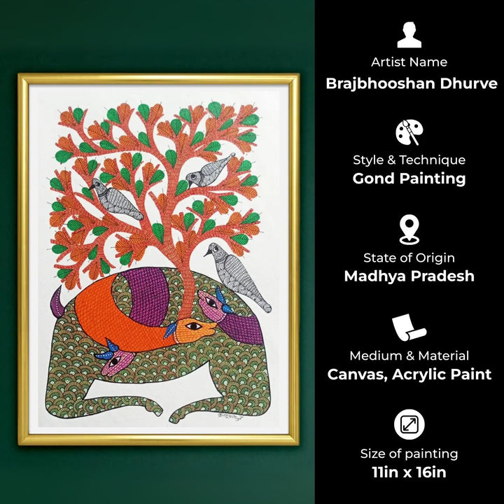 11 x 16 Inch | Deer with Tree & Birds | Original Hand Painted Tribal Gond Art Painting | Acrylic Paint On Paper