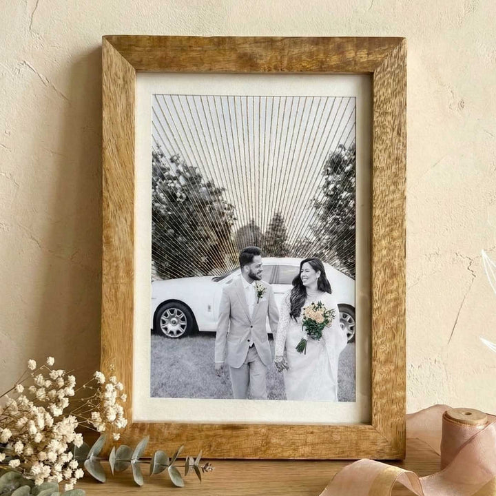 Bouquet And Golden Rays Design Hand Embroidered Photo With Wooden Frame