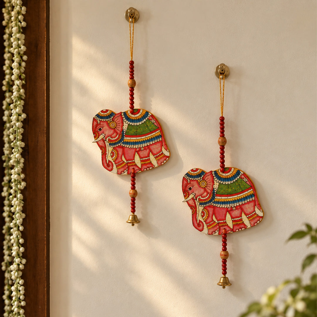 Colourful Parchment Leather Tholu Bommalata Elephant Hangings - Pack of 2