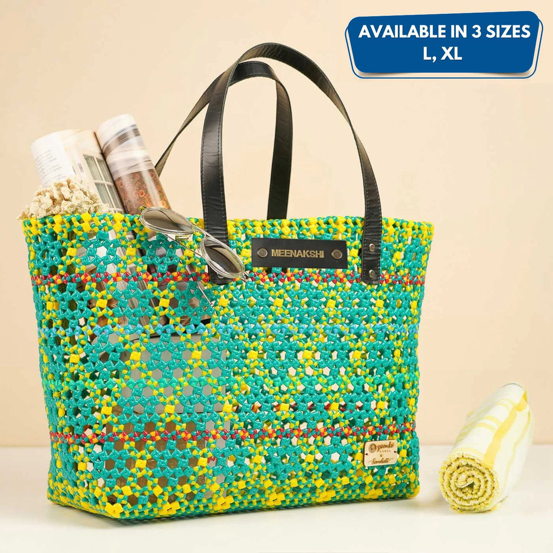 Green And Yellow Diamond Pattern Tara Knot Handmade Koodai Beach Bag