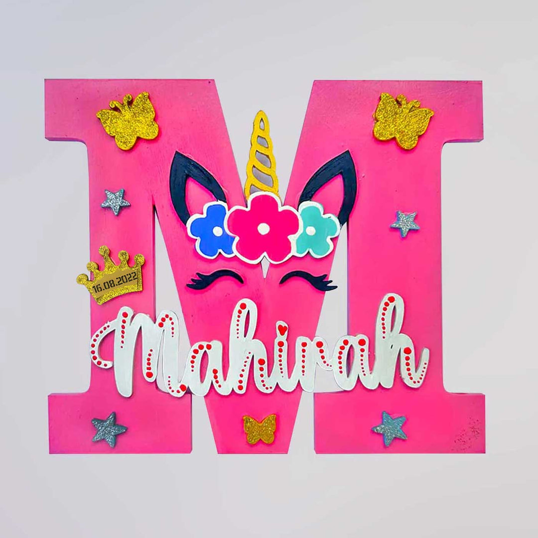 Handcrafted Personalized Kids Unicorn Eyes Themed Monogram MDF Nameplate