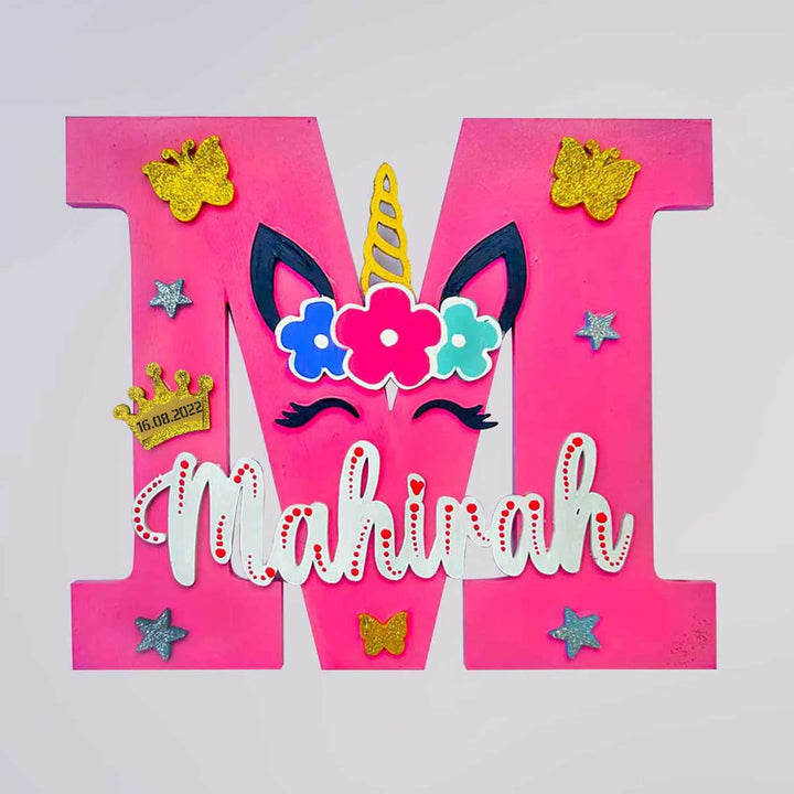 Handcrafted Personalized Kids Unicorn Eyes Themed Monogram MDF Nameplate