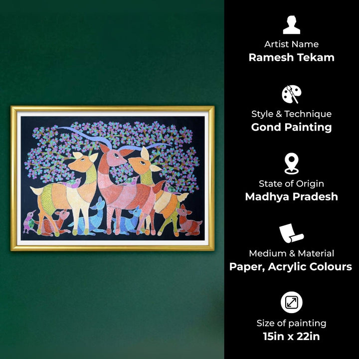 15 x 22 Inch | Birds & Deers | Original Hand Painted Tribal Gond Art Painting | Acrylic Paints On Canvas