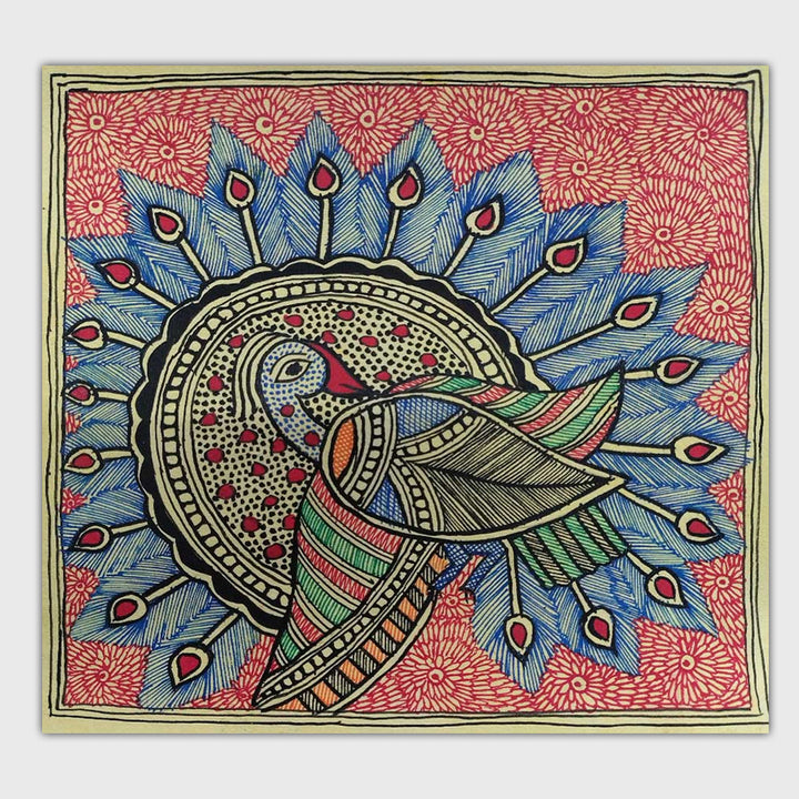 7 x 7 Inch | Colorful Peacock | Original Hand Painted Madhubani Painting | Natural Pigments On Paper