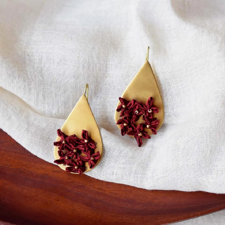 Handmade Textile Art Floral Drop Shaped Dupion Silk Fabric Earrings