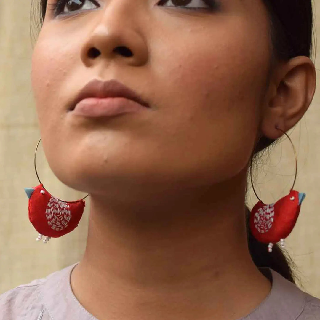 Handmade Textile Art Bulbul Bird Shaped Hoop Dupion Silk Fabric Earrings