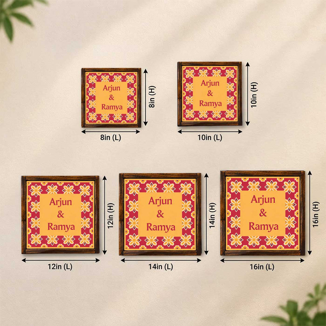 Oxidised Red Tile Vintage Personalized Square Resin & Teak Wood Frame Name Plate For Home