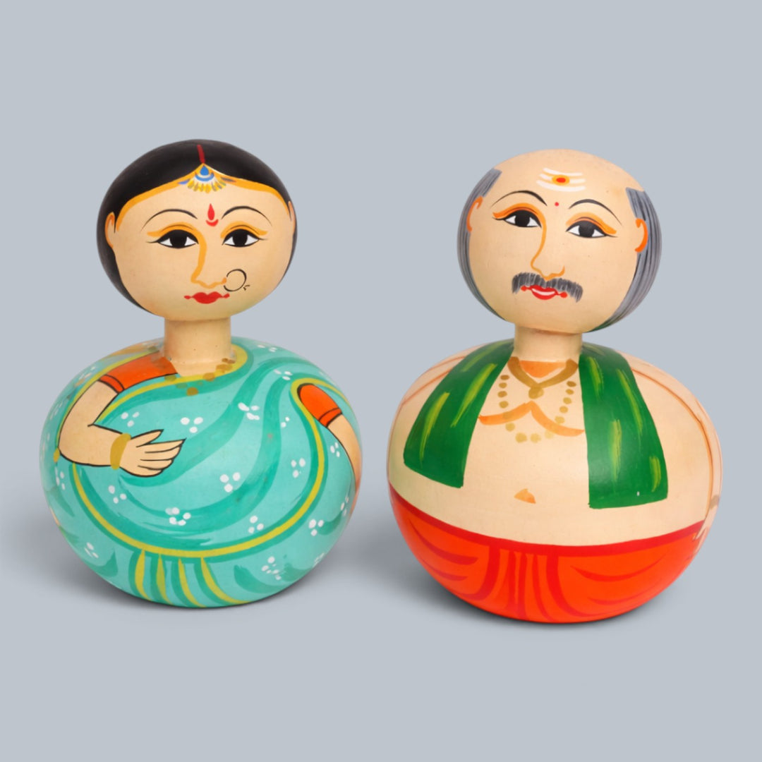 Set of 2 | Hand-Painted Teal & Red Bobble Head Couple Wooden Golu Dolls For Gifting & Decor