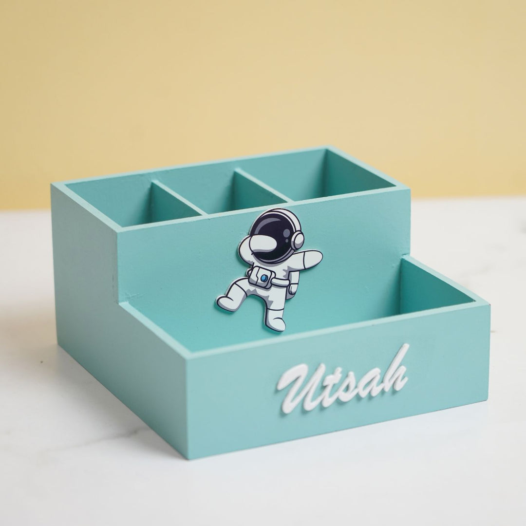 Personalized Wooden Astronaut Themed Stationery Organizer For Kids