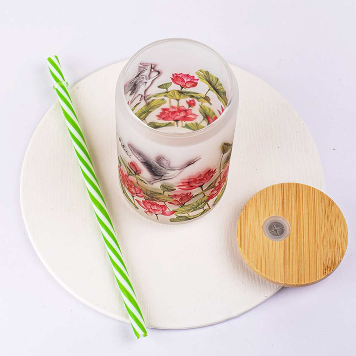 Frosted Printed Mason Jar with Wooden Lid & Straw | 350 ml