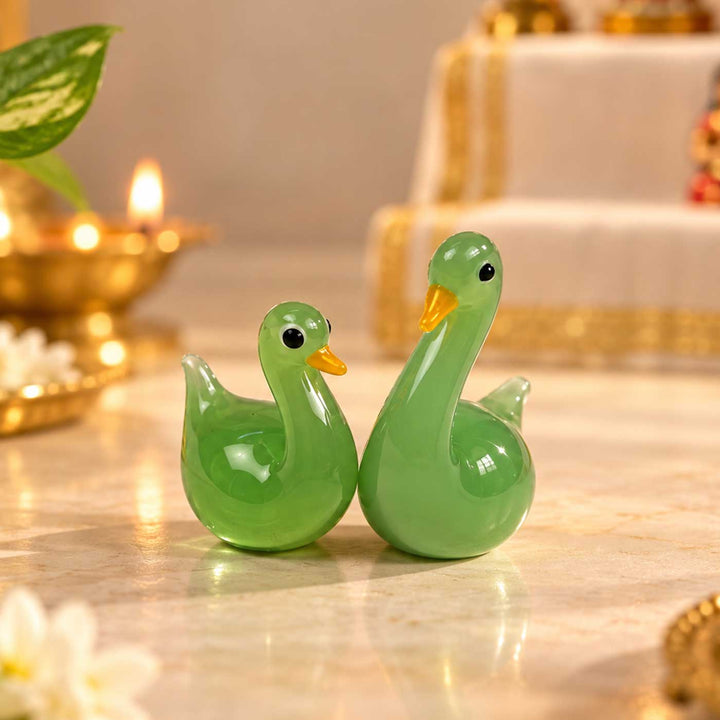 Set of 2 | Handmade Blown Glass Green Swan Miniature Figurine For Decor