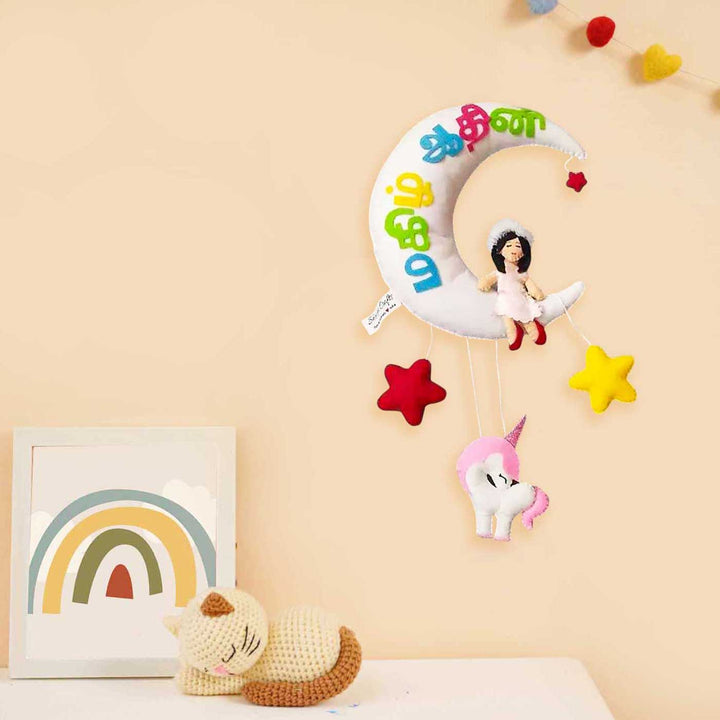 Personalized Girl On Moon Themed Felt vernacular Kids Name Plate