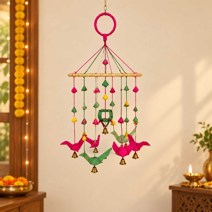 Handcrafted Palm Leaf Parrot Strings On Ring Hanging With Bells