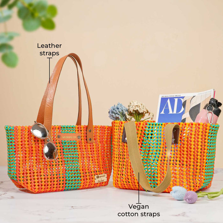 Orange and Green Mukhya Knot Handmade Koodai Tote Bag