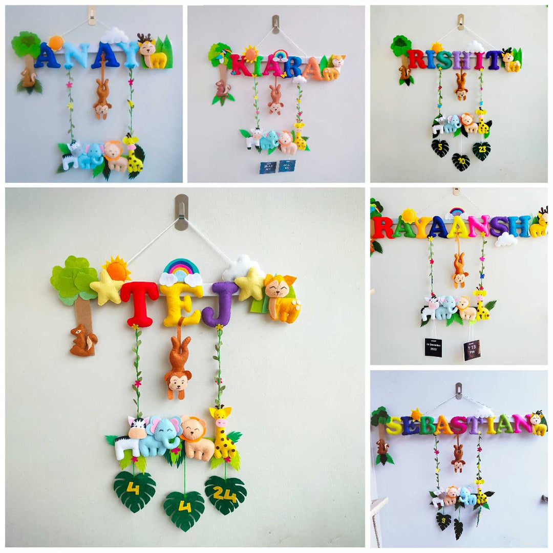 Personalized Jungle Theme Felt Kids Name Plate With Date of Birth