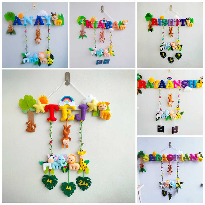 Personalized Jungle Theme Felt Kids Name Plate With Date of Birth