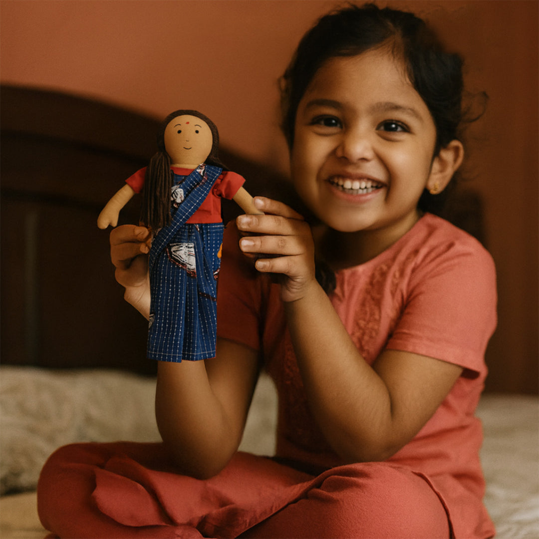 Nilah's Amma (Mother) In Blue Saree | Soft Hand-Stitched Sustainable Indian Play Doll