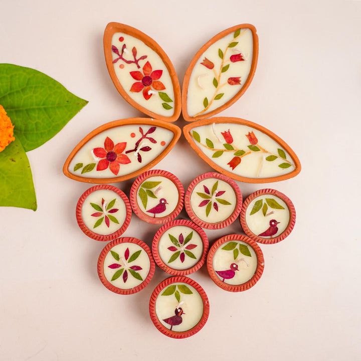Set Of 12 | Handmade Soy Wax & Dry Flower Boat & Round Festive Diyas