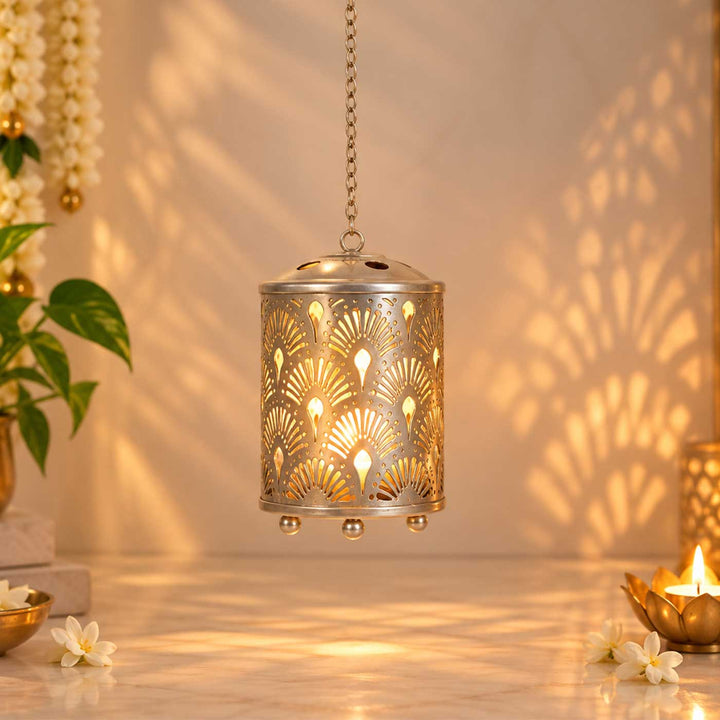Handmade Silver Round Flower Etched Hanging Metal Tealight Holder For Festive Decor