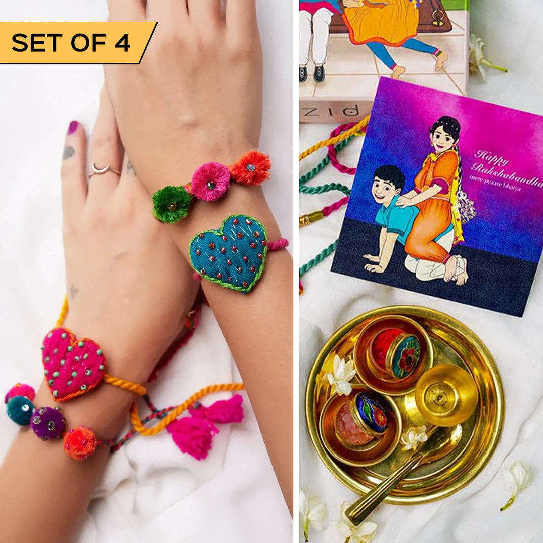 4 pc Rakhi + Brass Thali Set | Premium Rimjhim Rakhi Set with Roli Chawal