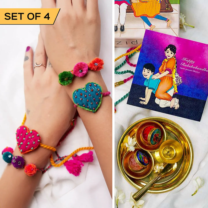 4 pc Rakhi + Brass Thali Set | Premium Rimjhim Rakhi Set with Roli Chawal