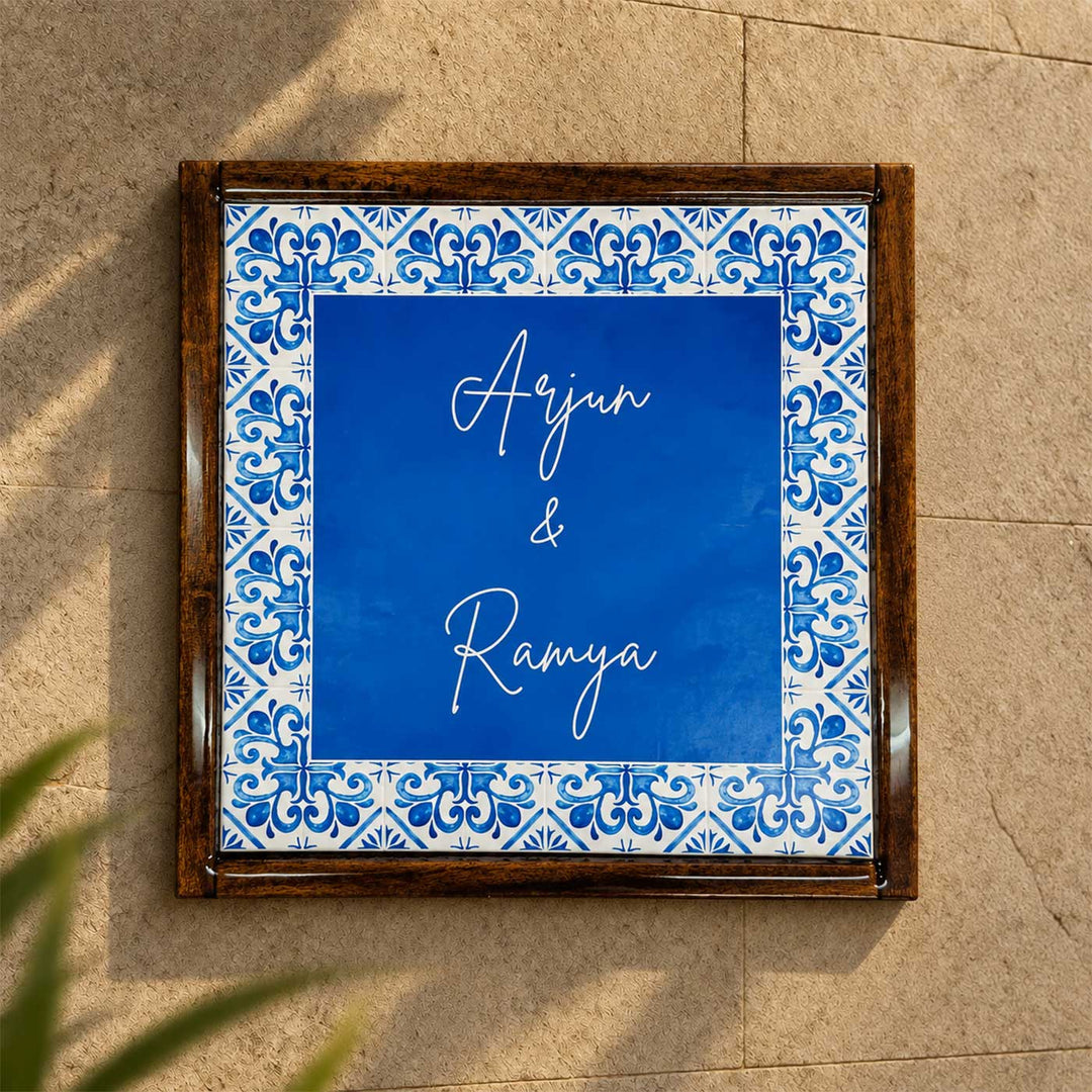 Blue Tile Vintage Personalized Square Resin & Teak Wood Frame Name Plate For Home