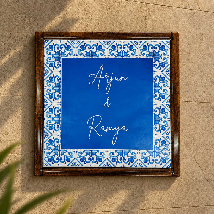 Blue Tile Vintage Personalized Square Resin & Teak Wood Frame Name Plate For Home