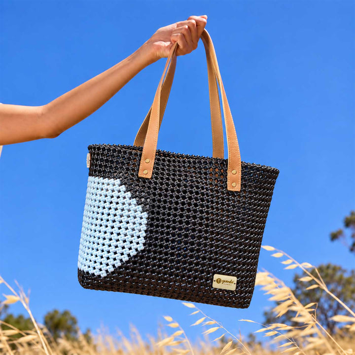 "Retro Polka" Black With White Semicircle Motif Handmade Wire Koodai Tote Bag With Tan Leather Handle