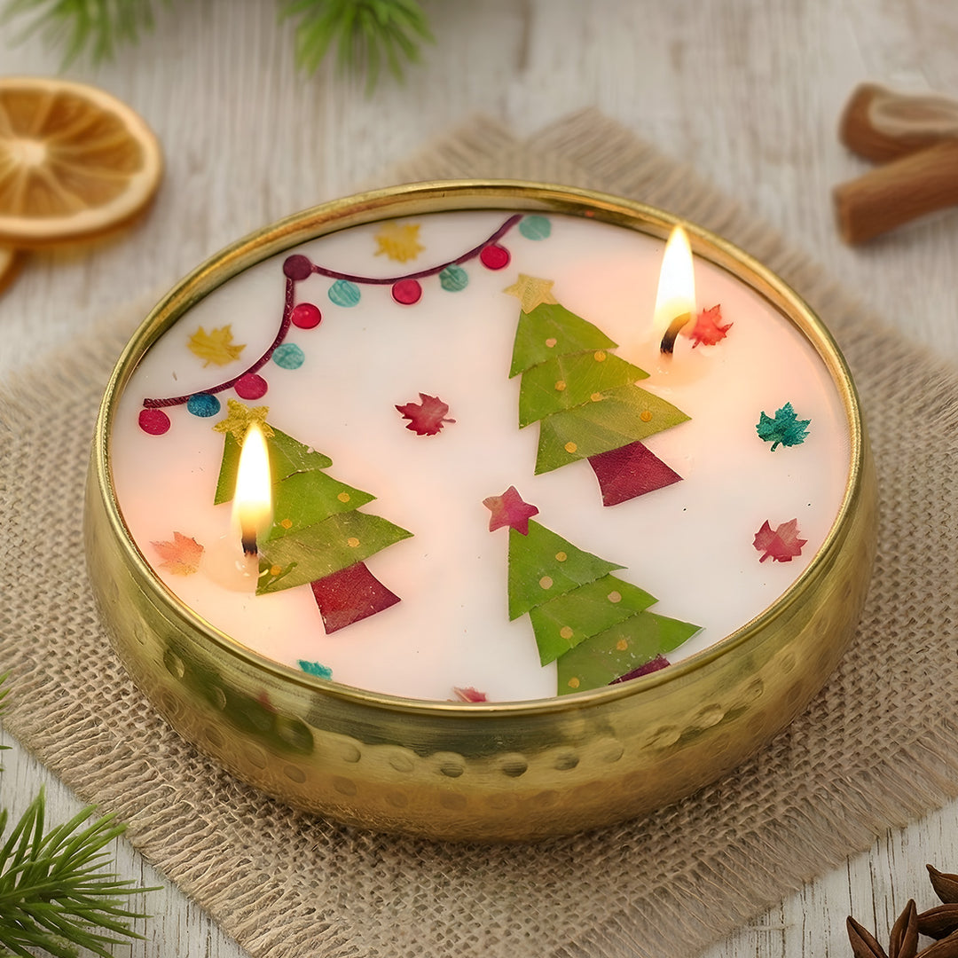 4 Inch | Handmade Pressed Flower Xmas Tree Theme Brass Candle | Packed in a Gift Box