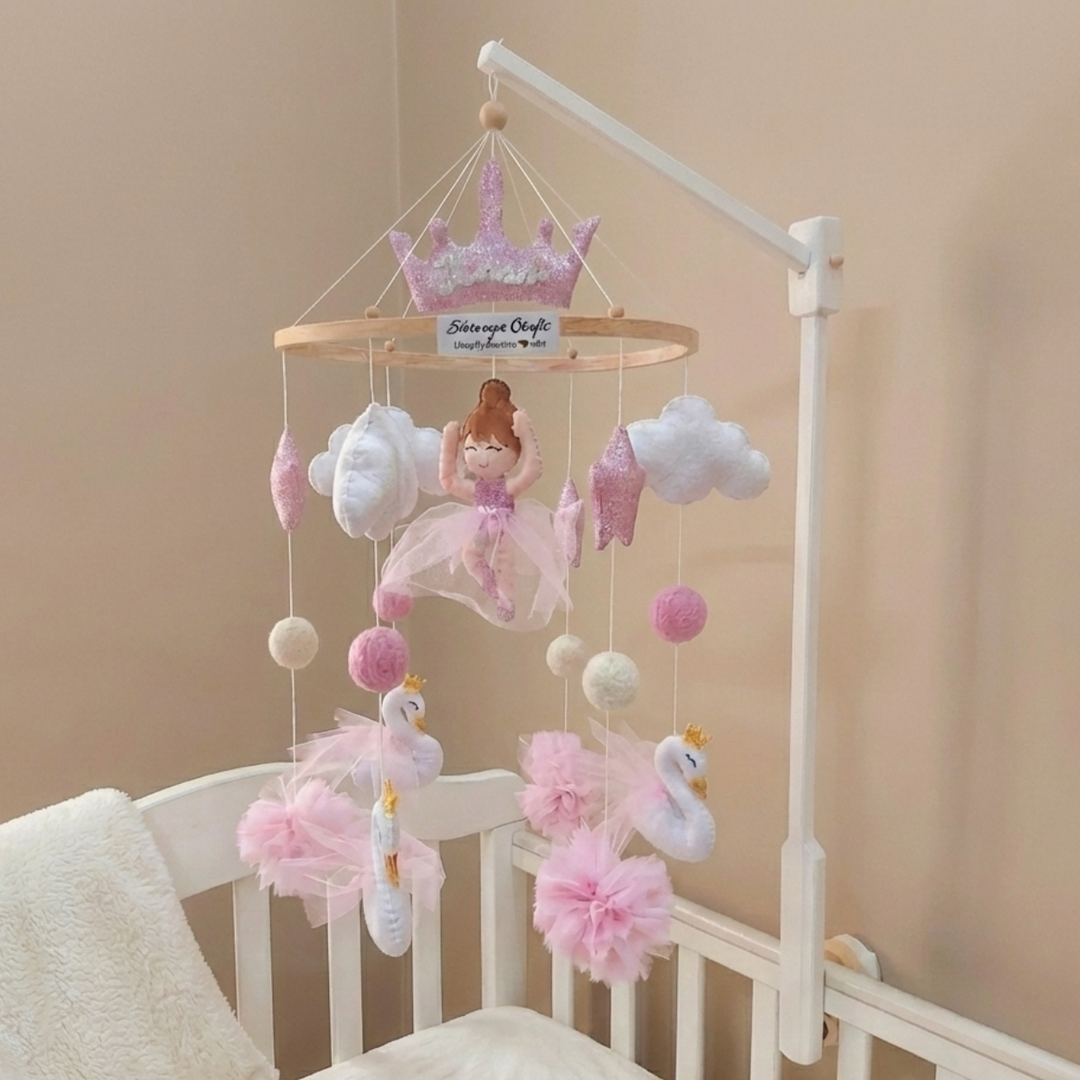 Little Girl And Swan Themed Felt Cot Mobile For Kids