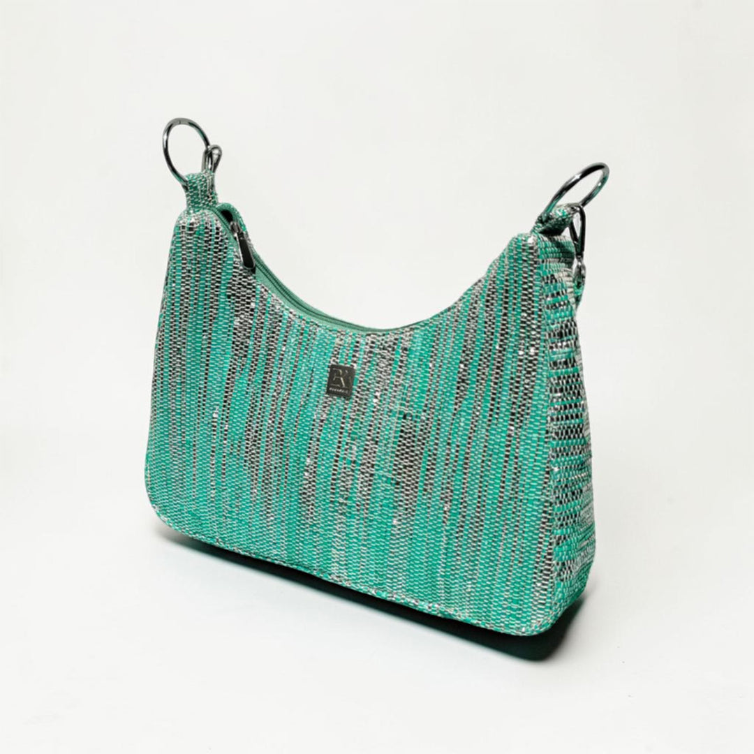 Sea Blue and Silver Striped Upcycled Plastic Handcrafted Baguette Handbag