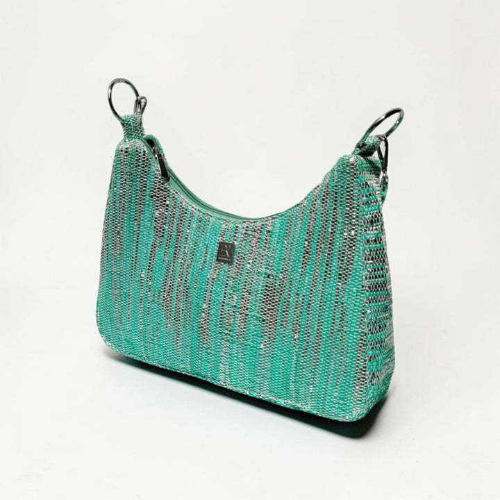 Sea Blue and Silver Striped Upcycled Plastic Handcrafted Baguette Handbag
