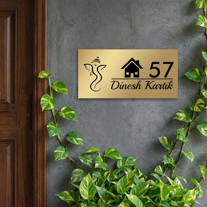 Ganesha & House Engraved Personalized Golden Metal Name Plate | Rectangular, Outdoor, Weather Proof