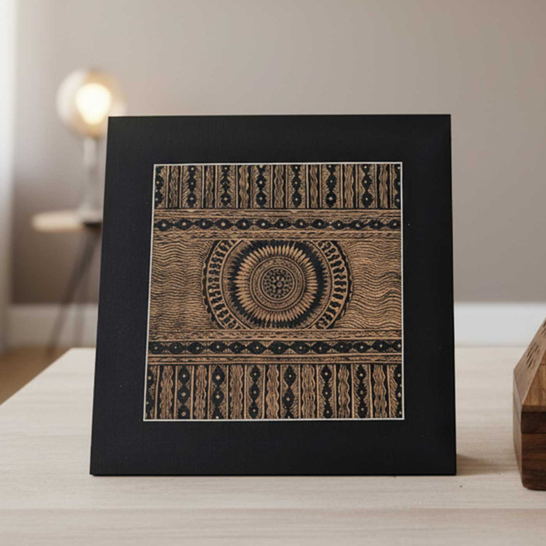 8 x 8 Inch | Black On Tea Treated Paper | Traditional Black & Brown Madhubani Style Drawing With Frame