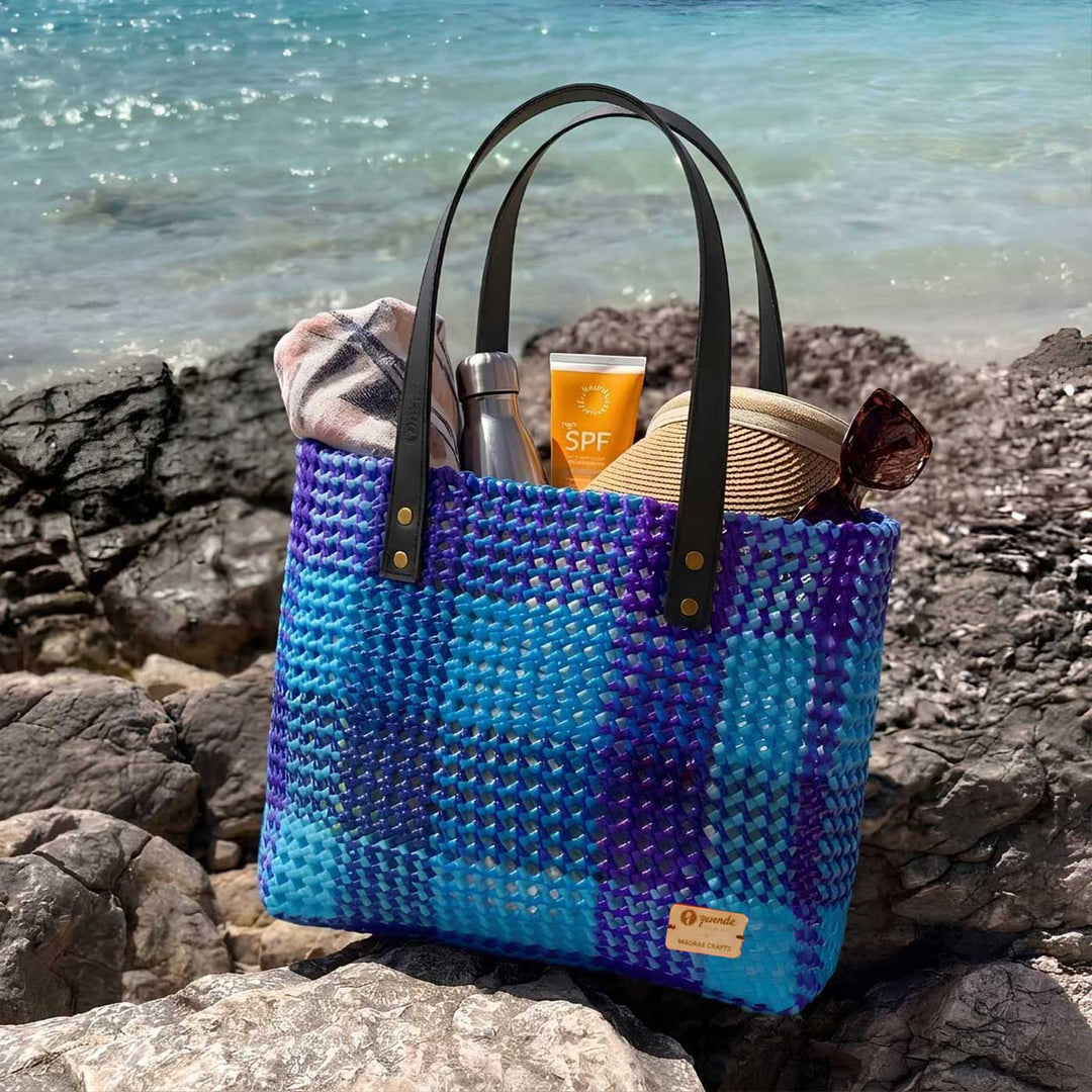 Blue Shades Checkered Handmade Wire Koodai Tote Bag