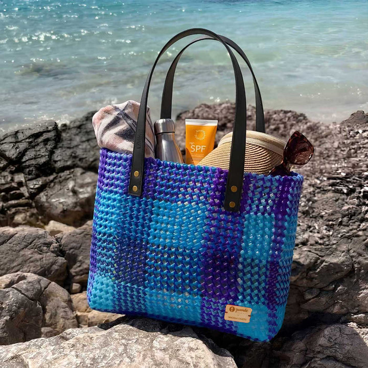 Blue Shades Checkered Handmade Wire Koodai Tote Bag