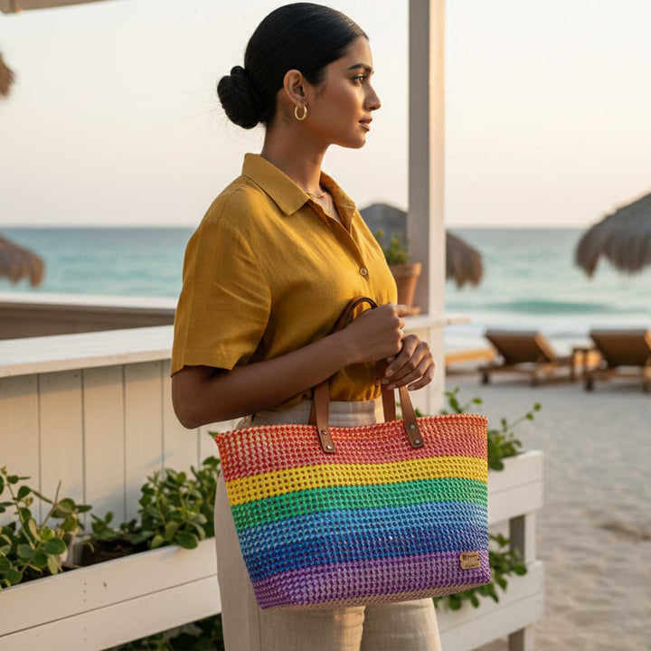 Rainbow Stripe Mukhya Knot Handmade Koodai Beach Bag
